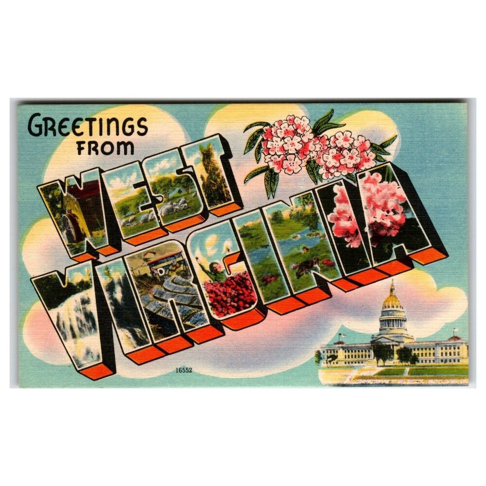 Greetings From West Virginia Large Letter Linen Postcard State Capitol Flowers